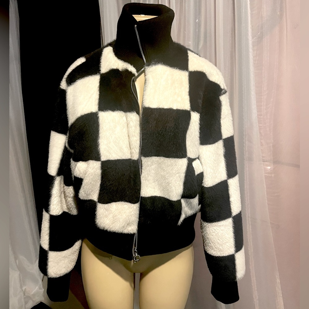 Checkered faux fur jacket.